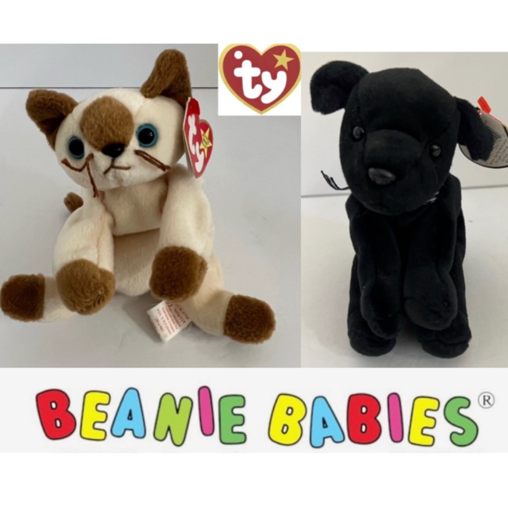 Ty Beanie Babies Cream and Brown Cat & Black Dog Plush Set